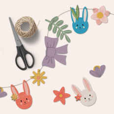 Printable Spring Garland with Colorful Easter Motifs - Flowers, Bunnie, Leaves