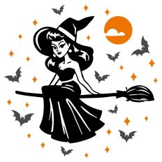 Retro Witch on Broom in Sky