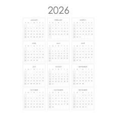 2026 Calendar – Weeks Starting on Sunday