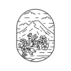 Cherry blossom mountain geometric boho landscape