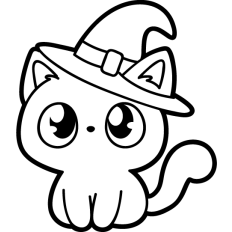cute halloween cat with witch hat lineart