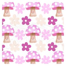 Mushroom Seamless Pattern - Hand Drawn Print with Flowers 