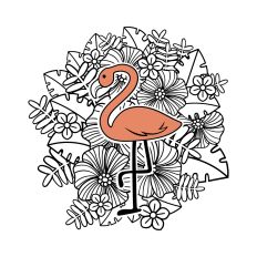Flamingo with tropic flowers and leaves background