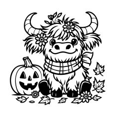 Cute Highland Cow with Pumpkin and Fall Leaves