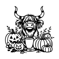 Highland Cow with Pumpkins and Coffee