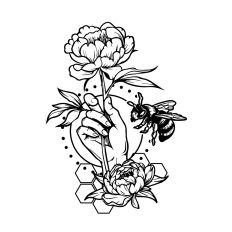 Hand with peony and bee
