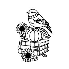 Cozy Autumn Bird with Books and Pumpkin