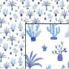 Blue White Potted Plant Cactus Succulent Pattern