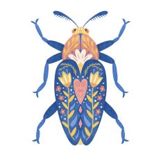 Floral Folk Art Beetle Print and Cut - Blue, Gold