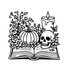 Gothic Spellbook with Skull, Pumpkin, and Flowers