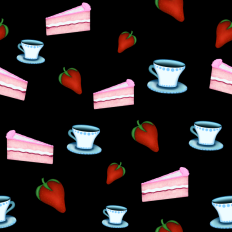 Cake, strawberries and teacup pattern paper - background black