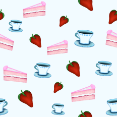 Cake, strawberries and teacup pattern paper - background blue