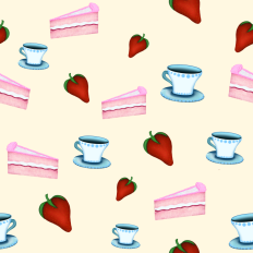 Cake, strawberries and teacup pattern paper - background lemon