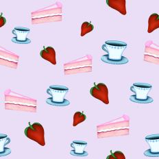 Cake, strawberries and teacup pattern paper - background lilac