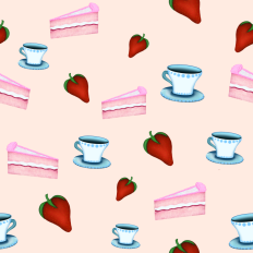 Cake, strawberries and teacup pattern paper - background peach