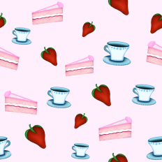Cake, strawberries and teacup pattern paper - background pink