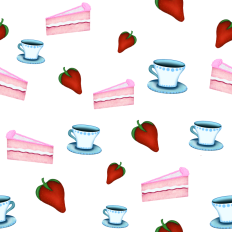 Cake, strawberries and teacup pattern paper - background white