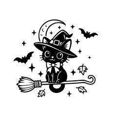 Kawaii Witch Cat on Broom Halloween Flying Kitty