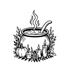 Witch’s Cauldron with Candles and Pumpkin