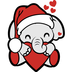 cute christmas baby elephant with santa hat and a giant heart