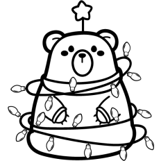 cute christmas bear tangled in christmas lights lineart
