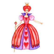 Watercolor sticker design of the Queen of Hearts in a red and purple gown holding a heart-topped staff