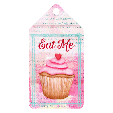 Tag design featuring a cupcake and the words Eat Me, with Alice in Wonderland painted book page background