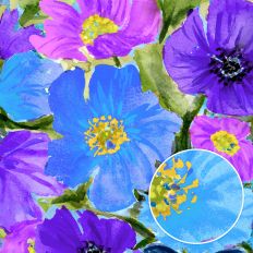 blue purple and lilac watercolor poppies with green leaves and golden yellow flower centres, painted floral printable background