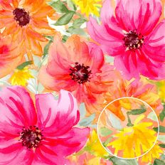 pink orange and yellow watercolor summer flowers with leafy green accents, hand painted floral background for print and cut crafts