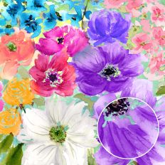 watercolor background with colourful anemones, delphiniums and ranunculus in a spring floral pattern