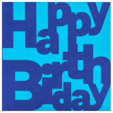 blue square birthday card with bold block typography spelling happy birthday in a stacked layout