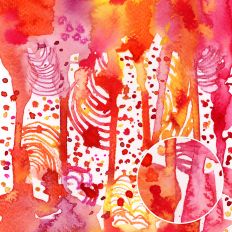 Coral yellow red and pink abstract watercolor background with expressive brush strokes and summer hues