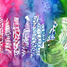 Pink, purple, turquoise and green abstract watercolor background with expressive art journal texture