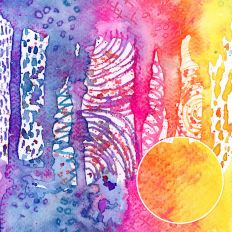 Pastel watercolor abstract background in purple, pink, turquoise, peach and yellow with layered texture and painterly feel
