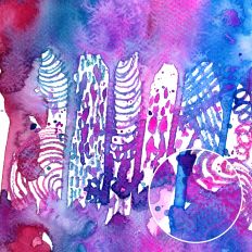 Red, purple, aqua and pink watercolor abstract background with art journal style texture and layered colour