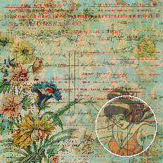 blue vintage ephemera background with floral illustrations, retro text, 1915 calendar, and antique handwriting for journaling and crafts