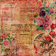 coral vintage ephemera background with layered red and pink flowers, French script, and antique receipt overlays for paper crafts