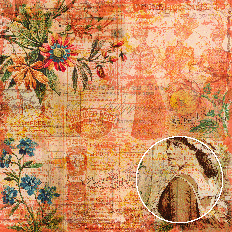 Orange vintage ephemera background with antique fashion illustrations, layered florals, and distressed advertisement textures for crafting
