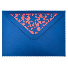 5x7 envelope made from blue cardstock with a star pattern cut into the flap, backed by a contrasting red liner.