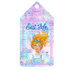 Alice in Wonderland Eat Me tag with hand painted watercolour Alice and original book page background by Lewis Carroll