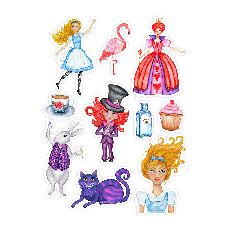 hand painted Alice in Wonderland sticker set with watercolour characters and icons