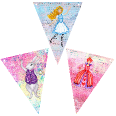 Alice in Wonderland bunting flags with Alice, White Rabbit and Queen of Hearts illustrations