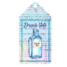Alice in Wonderland tag featuring a watercolor blue bottle with a Drink Me label over a pastel book page background