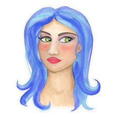 Whimsical Watercolor Blue Haired Girl Woman Print and Cut
