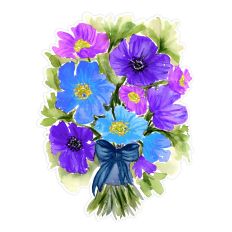 watercolor bouquet of blue, violet and lilac poppies tied with navy ribbon, for print and cut crafts