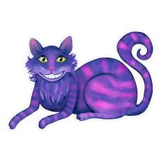 grinning purple striped Cheshire cat watercolor illustration for whimsical crafts