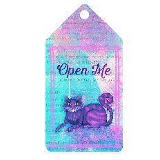 Whimsical Alice in Wonderland tag with a purple watercolor Cheshire Cat and “Open Me” text over a pastel book page background