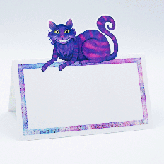 cheshire cat place card in watercolor style with purple storybook background border