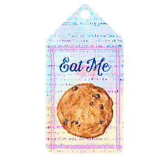 Watercolor Alice in Wonderland tag with chocolate chip cookie and “Eat Me” over pastel book page background