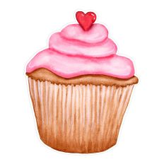 cute pink cupcake with heart candy in watercolor style for printable crafts